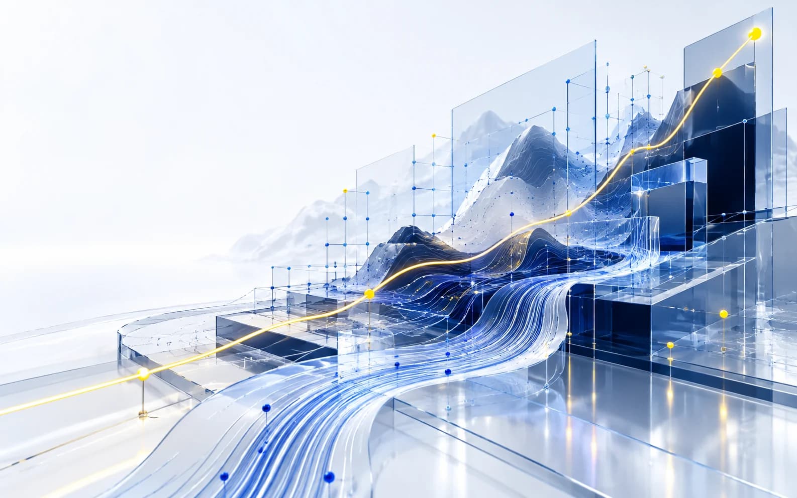 Abstract glass data landscape with a yellow signal path rising through connected search intelligence